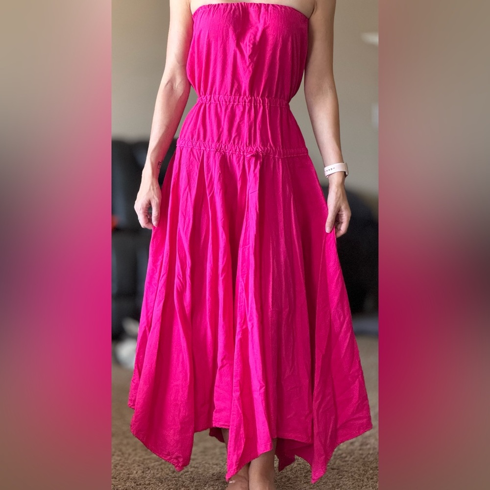 Vintage Hot Pink Asymmetrical Maxi Dress Strapless M